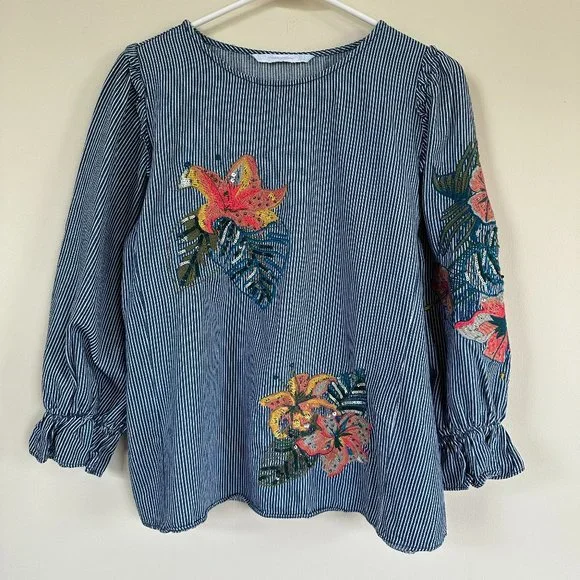 Zara Floral Embroidered Denim Striped Balloon Puff Sleeve Top SMALL - Picture 1 of 12